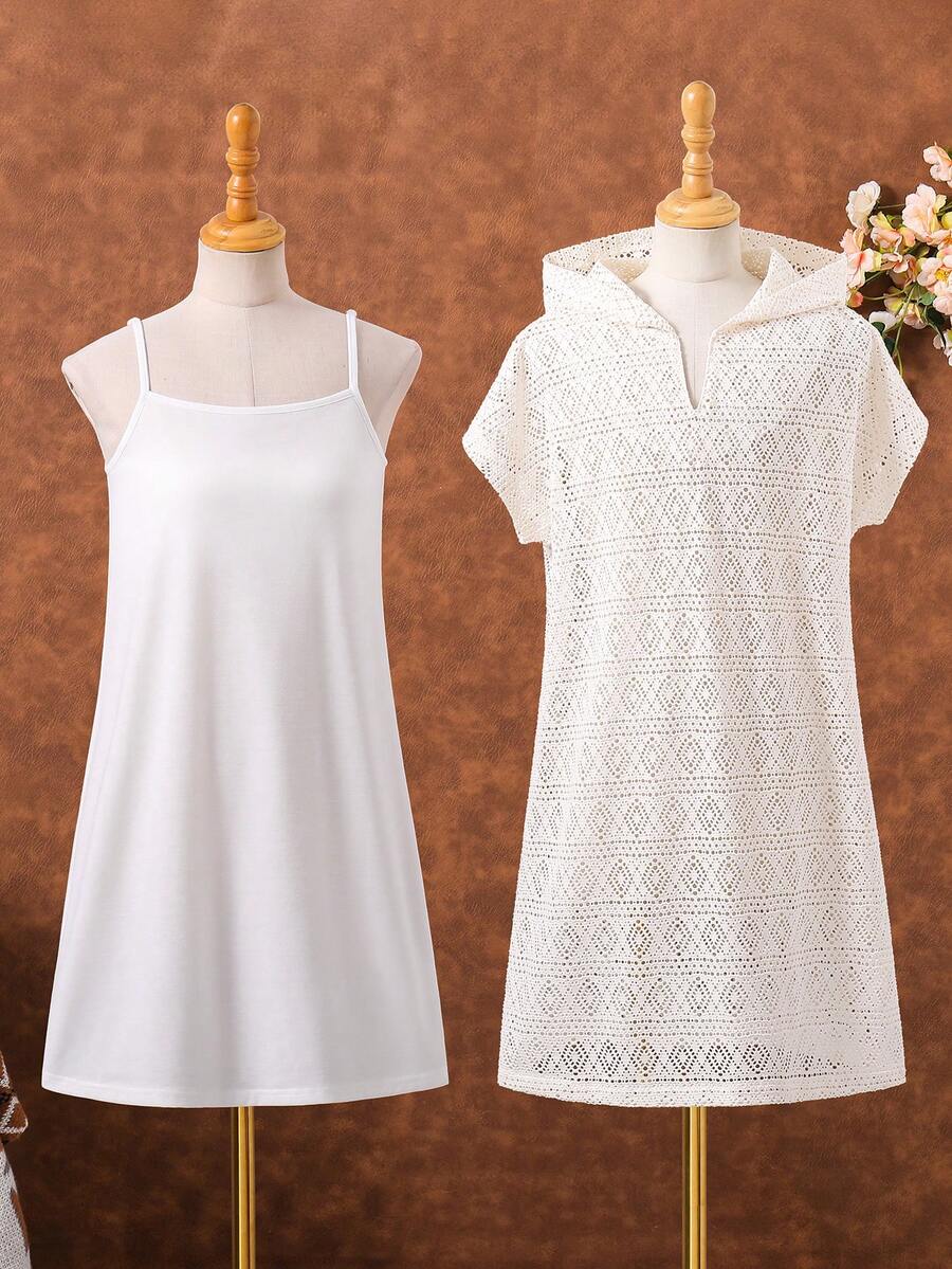 Apricot 2-piece outfit for tween girls featuring a short sleeveless camisole dress and a hollow-out hooded cover up top with short batwing sleeves.