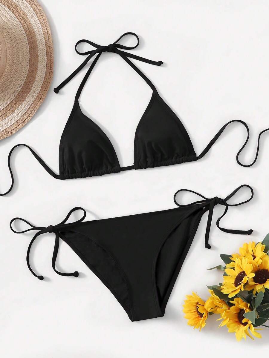 Women's high waist halter tie bikini swimwear set featuring triangle cups, wireless bra with removable padding, and tie side bottoms.