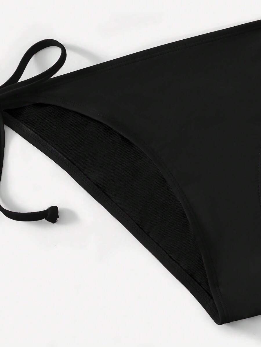 Women's high waist halter tie bikini swimwear set featuring triangle cups, wireless bra with removable padding, and tie side bottoms.