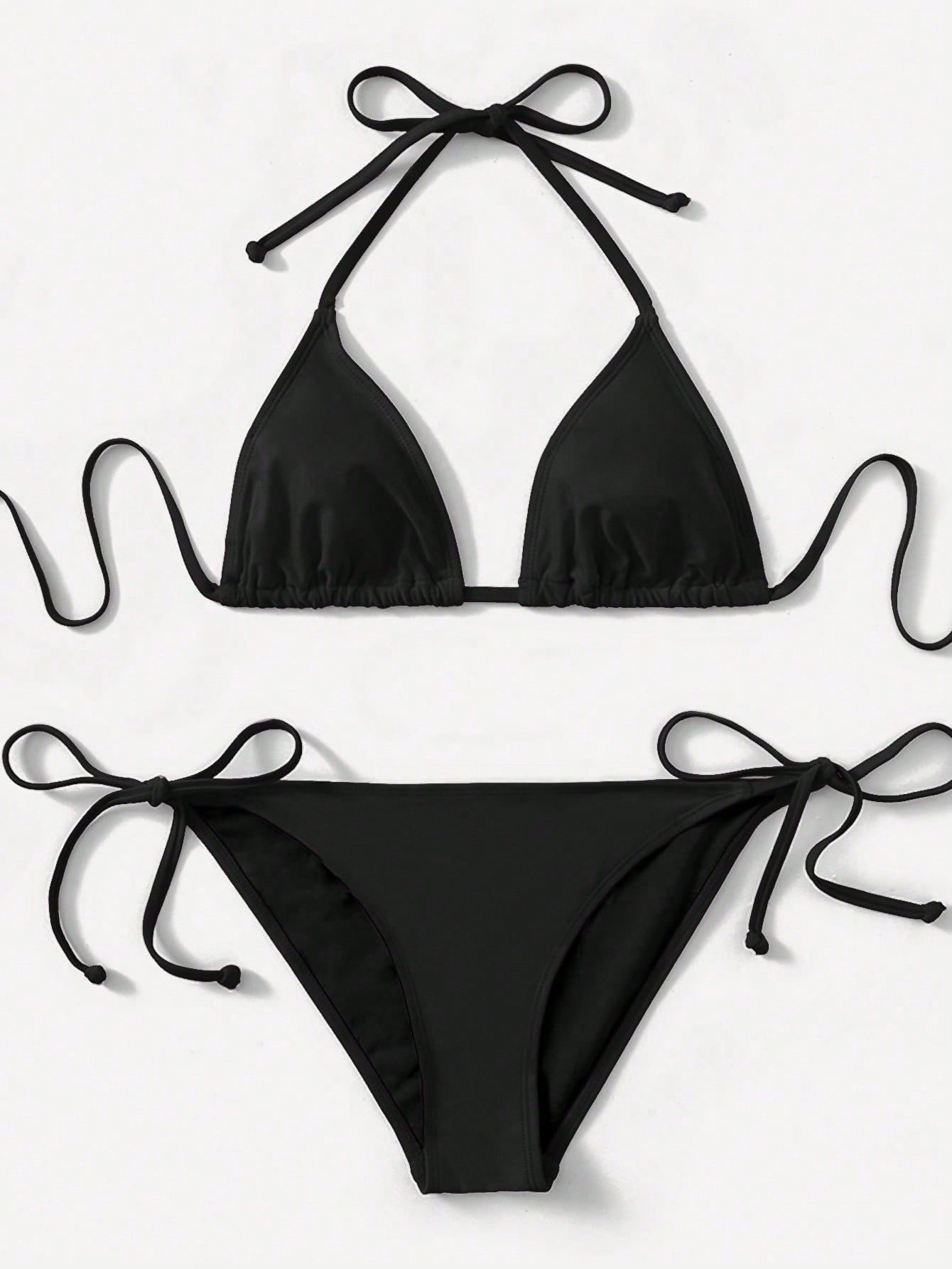Women's high waist halter tie bikini swimwear set featuring triangle cups, wireless bra with removable padding, and tie side bottoms.