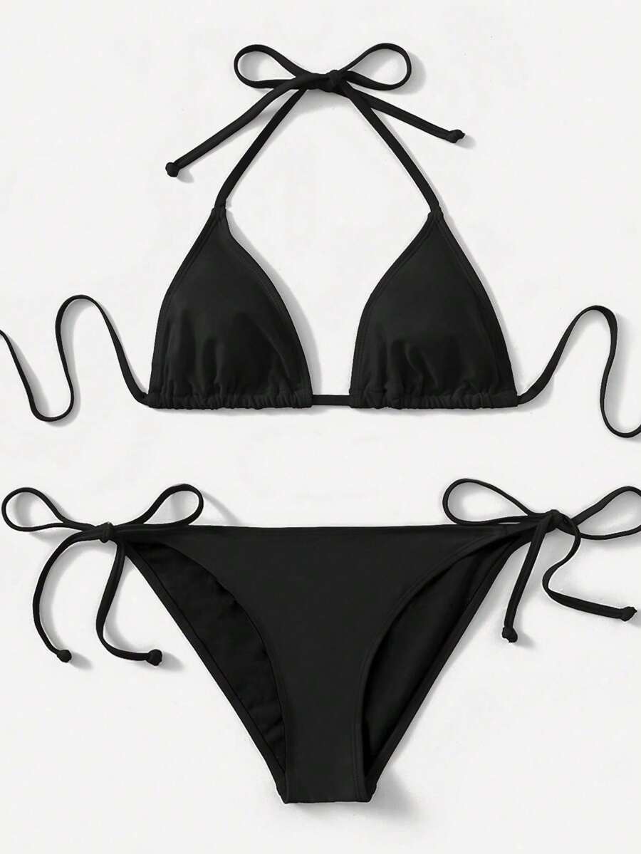Women's high waist halter tie bikini swimwear set featuring triangle cups, wireless bra with removable padding, and tie side bottoms.