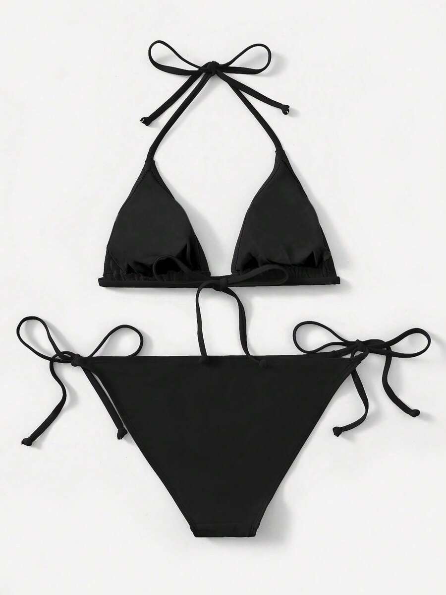 Women's high waist halter tie bikini swimwear set featuring triangle cups, wireless bra with removable padding, and tie side bottoms.
