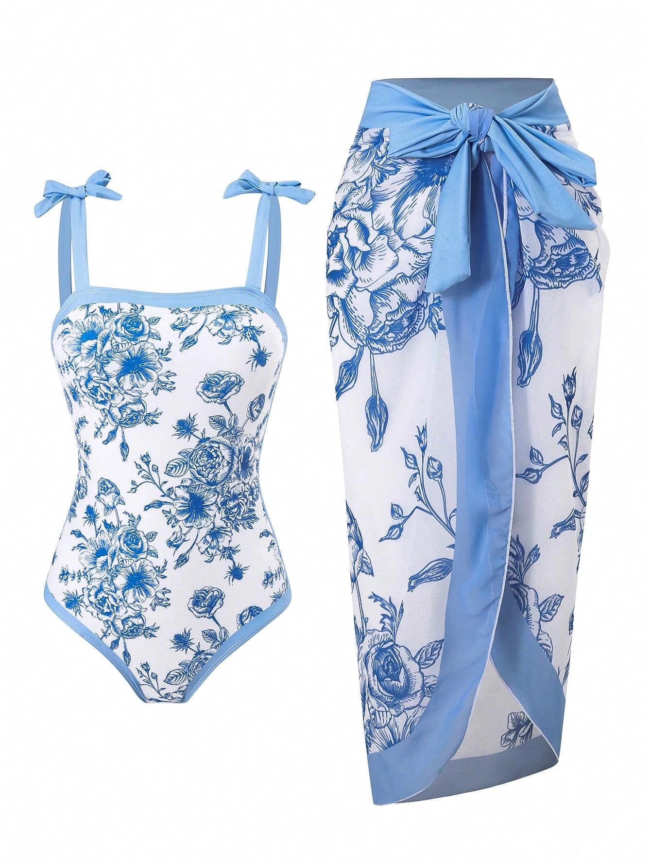 Tween girl black floral one-piece swimsuit set with spaghetti straps, asymmetrical detail, bow decor, and mid-waist bottom for beach, pool, and summer vacation wear.