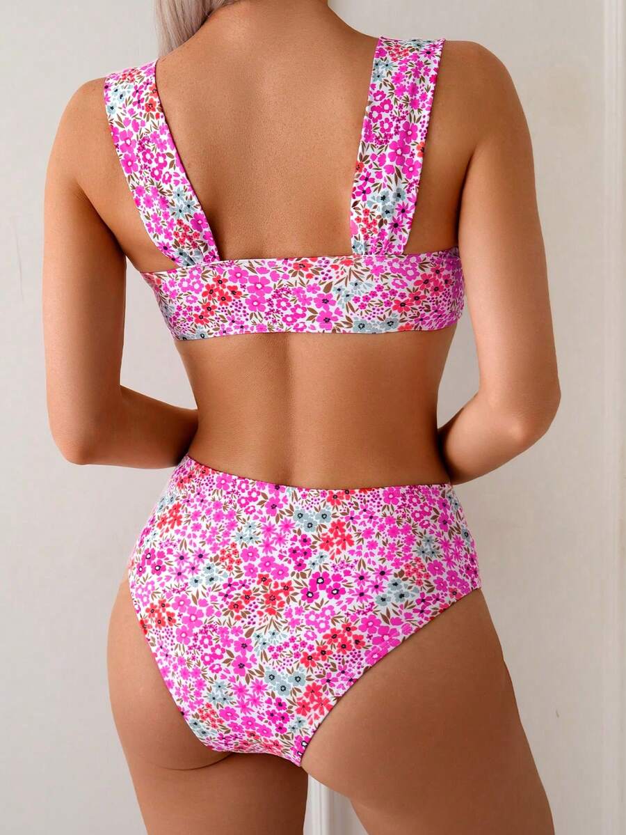 Springbreak black high waist bikini set for women featuring wireless bra top with ruffle lettuce trim and V-wired detail.