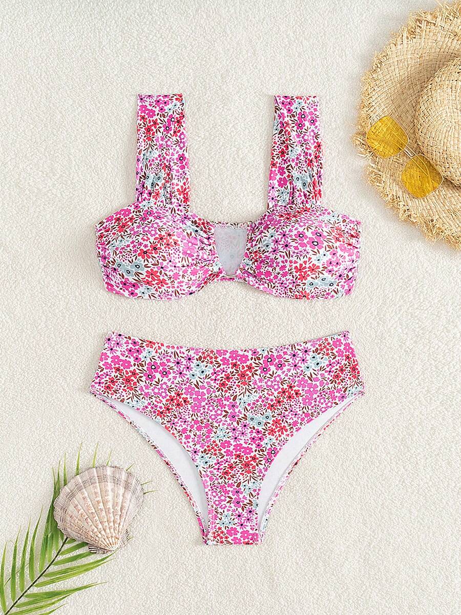 Springbreak black high waist bikini set for women featuring wireless bra top with ruffle lettuce trim and V-wired detail.