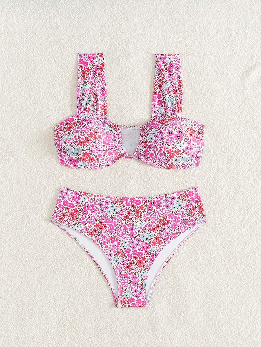Springbreak black high waist bikini set for women featuring wireless bra top with ruffle lettuce trim and V-wired detail.