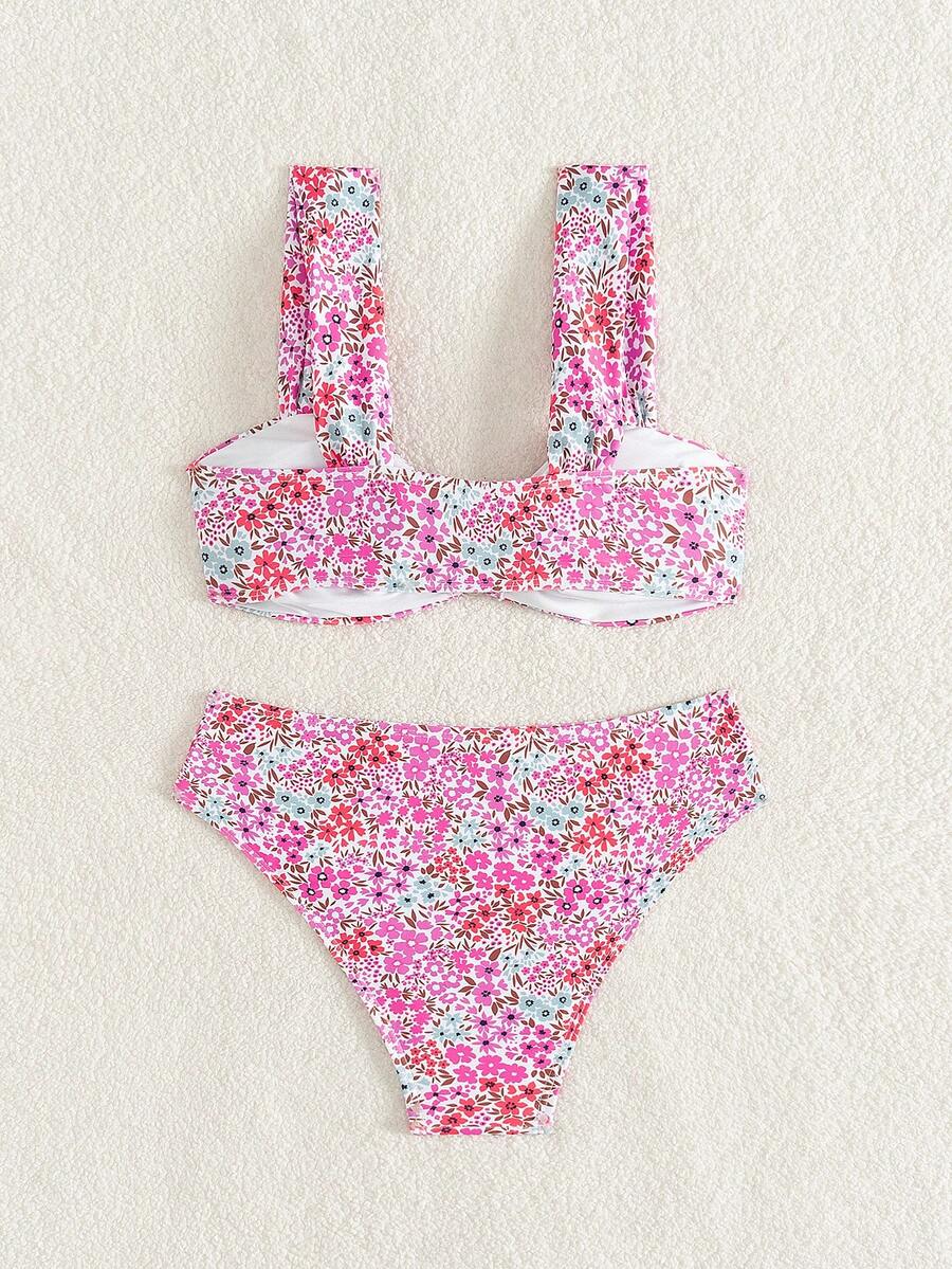 Springbreak black high waist bikini set for women featuring wireless bra top with ruffle lettuce trim and V-wired detail.