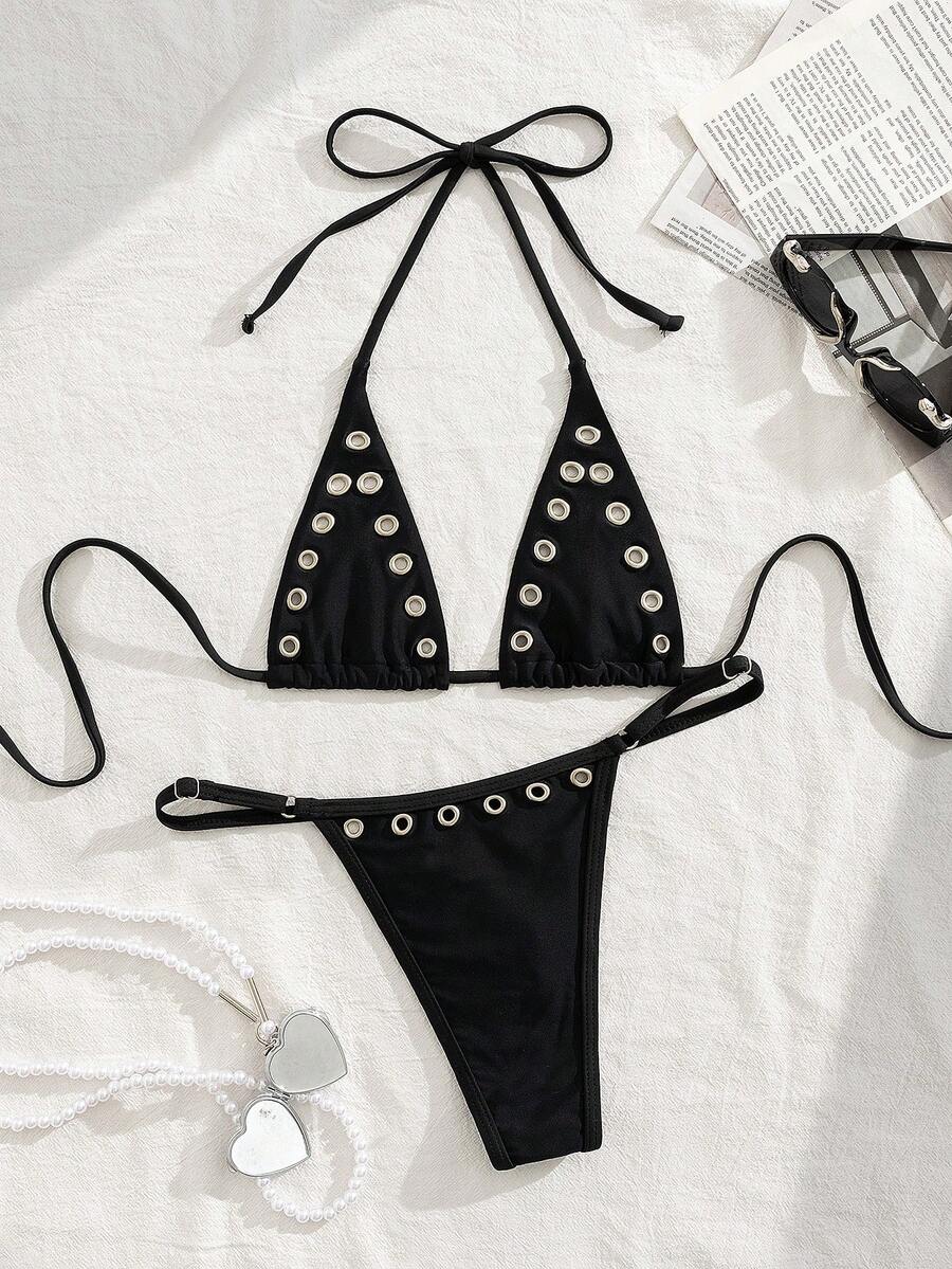 Women's plain halter bikini set with a wireless micro bra tie-back top and high waist thong bottom.