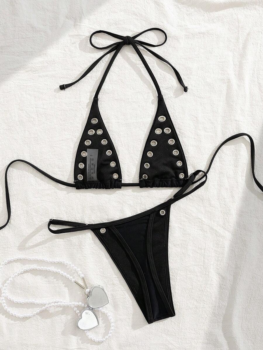 Women's plain halter bikini set with a wireless micro bra tie-back top and high waist thong bottom.
