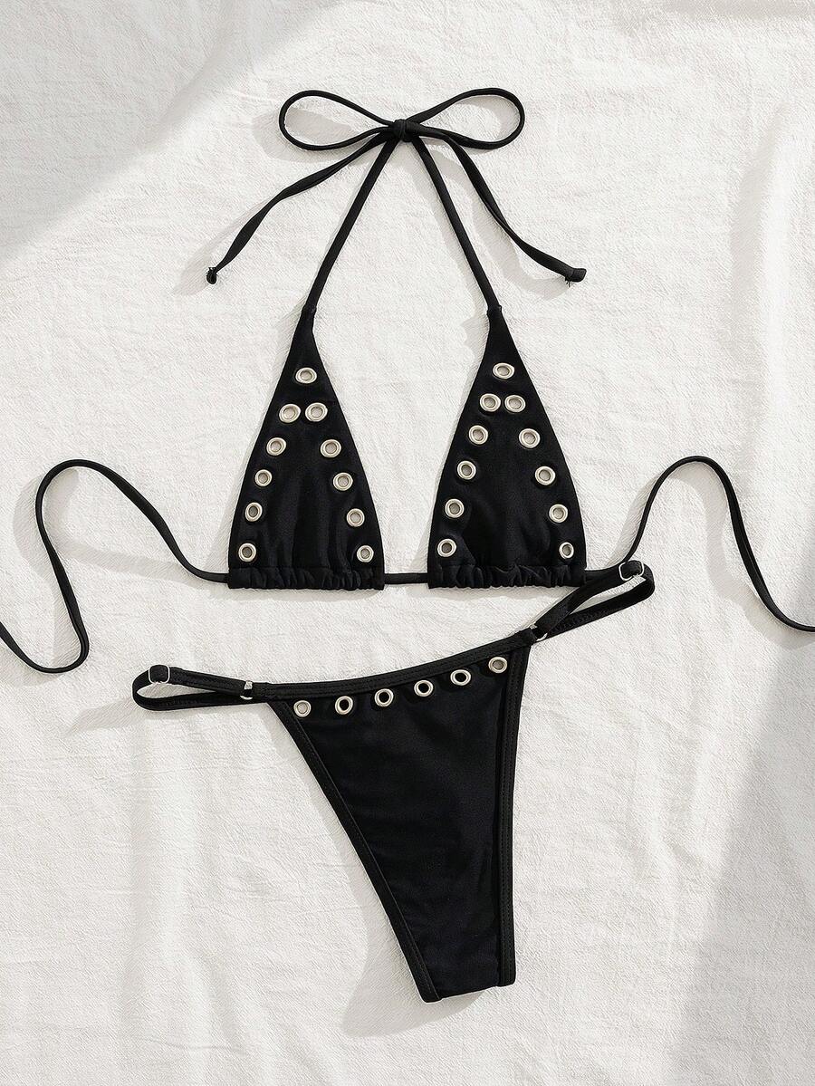 Women's plain halter bikini set with a wireless micro bra tie-back top and high waist thong bottom.