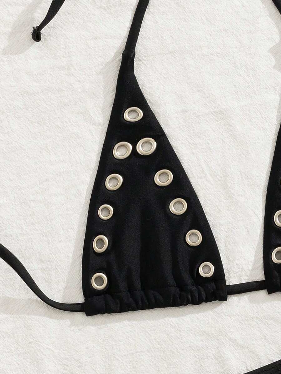 Women's plain halter bikini set with a wireless micro bra tie-back top and high waist thong bottom.