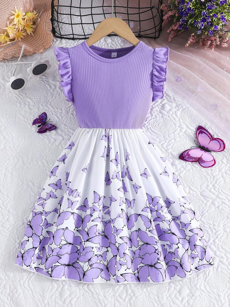 Tween girls blue floral print A-line midi dress featuring round neck, ruffle and contrast mesh details, high waist, and flared hem.