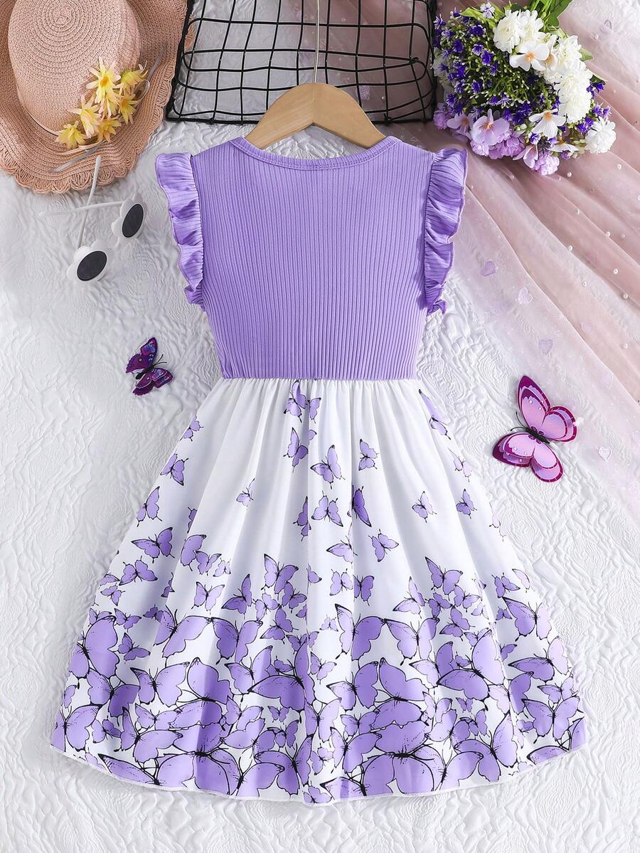 Tween girls blue floral print A-line midi dress featuring round neck, ruffle and contrast mesh details, high waist, and flared hem.