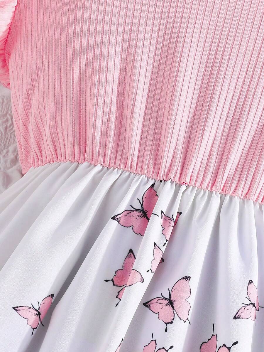 Tween girls blue floral print A-line midi dress featuring round neck, ruffle and contrast mesh details, high waist, and flared hem.