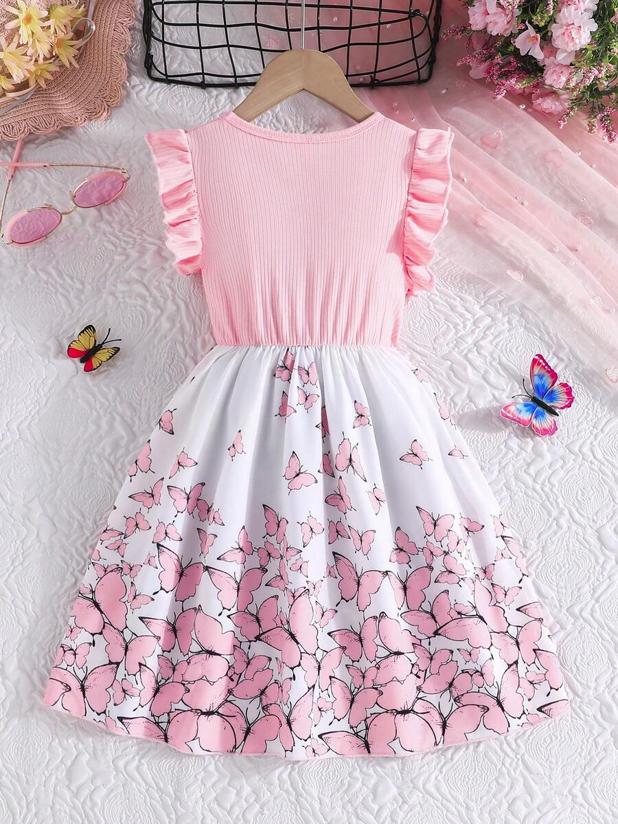 Tween girls blue floral print A-line midi dress featuring round neck, ruffle and contrast mesh details, high waist, and flared hem.