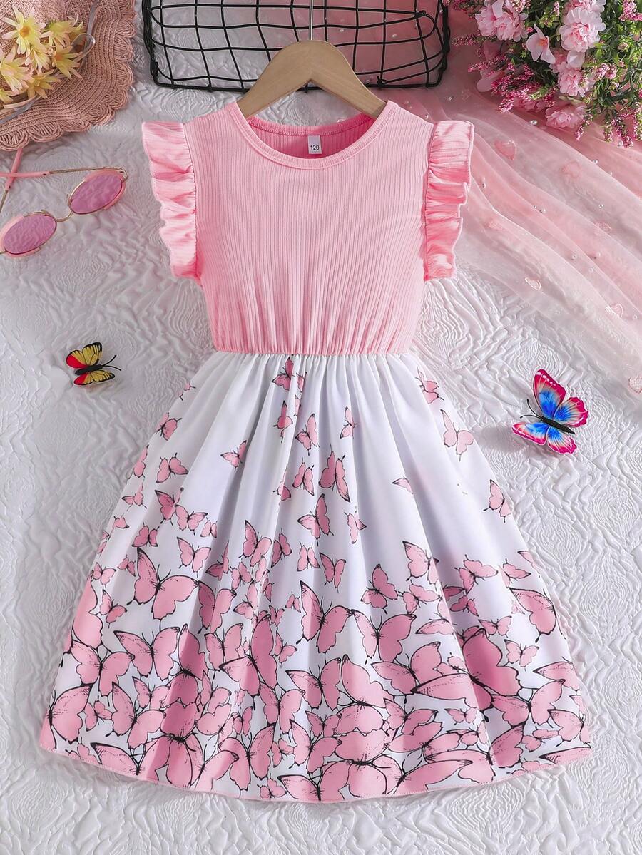Tween girls blue floral print A-line midi dress featuring round neck, ruffle and contrast mesh details, high waist, and flared hem.