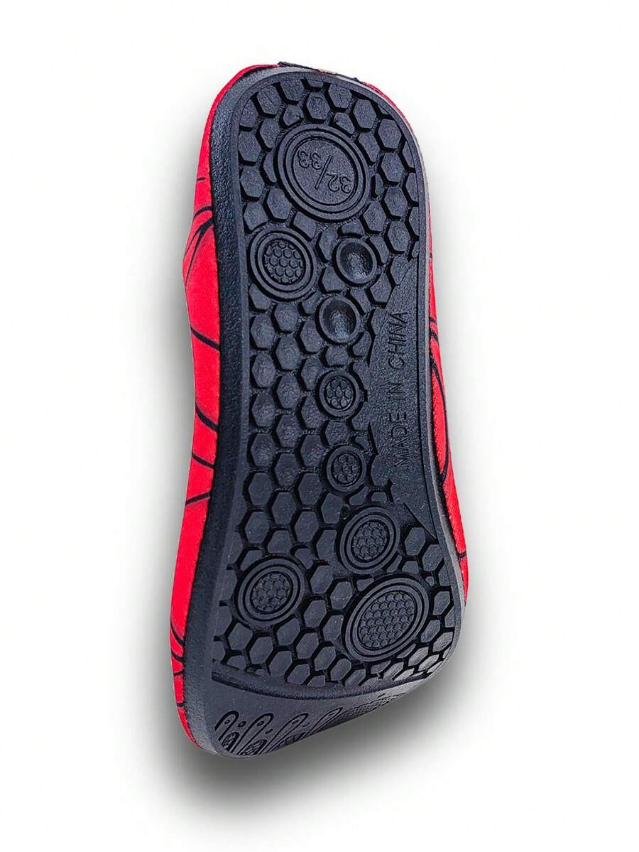 Boys red slip-on water shoes with spider pattern, breathable fabric upper, contrast binding details, and soft TPR outsole.