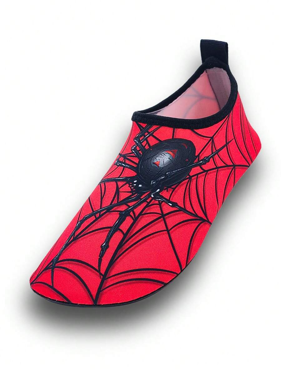 Boys red slip-on water shoes with spider pattern, breathable fabric upper, contrast binding details, and soft TPR outsole.