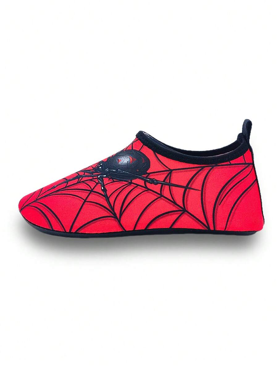 Boys red slip-on water shoes with spider pattern, breathable fabric upper, contrast binding details, and soft TPR outsole.