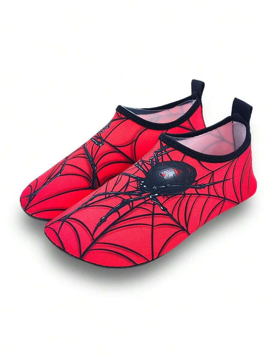Boys red slip-on water shoes with spider pattern, breathable fabric upper, contrast binding details, and soft TPR outsole.