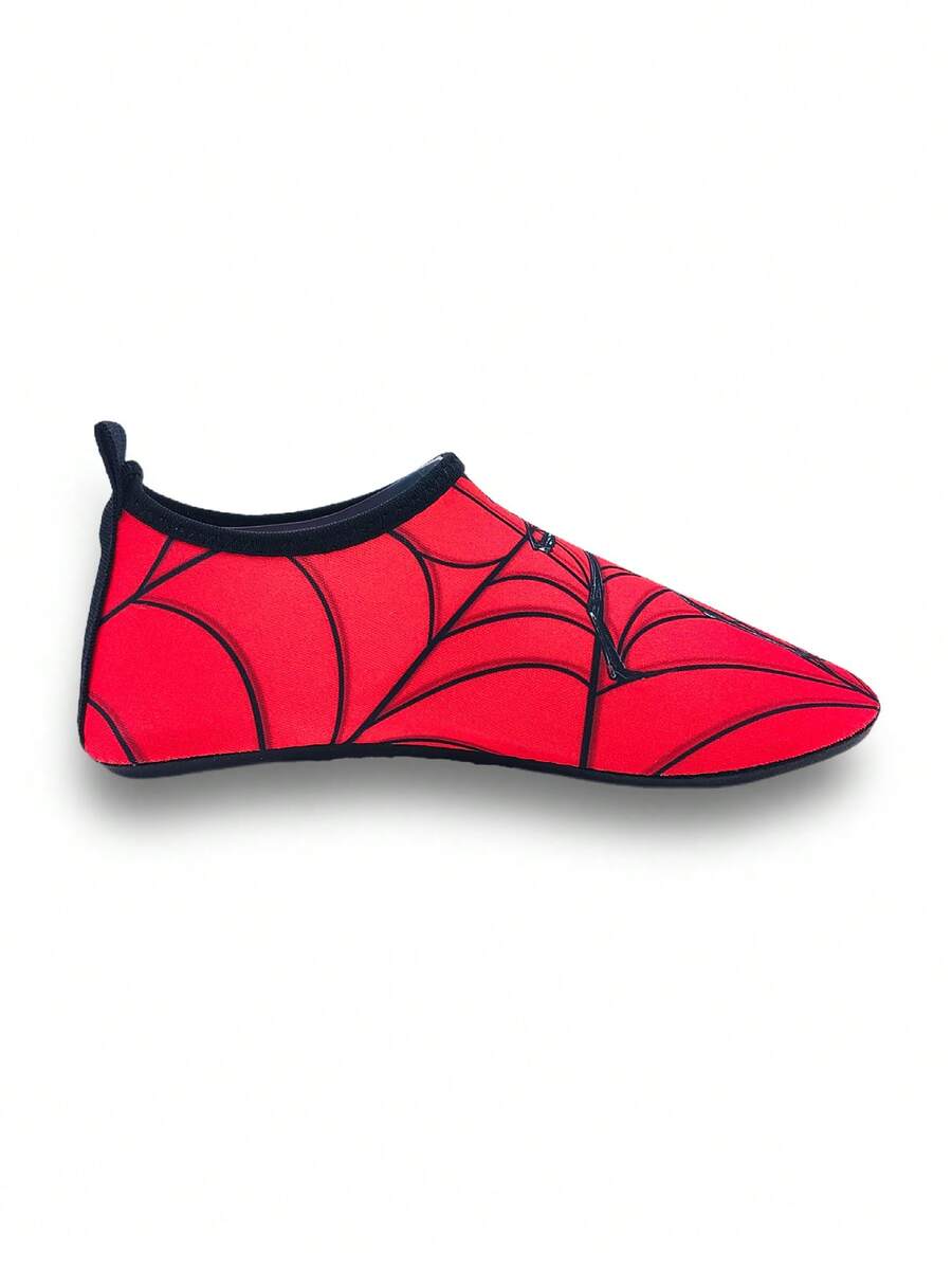 Boys red slip-on water shoes with spider pattern, breathable fabric upper, contrast binding details, and soft TPR outsole.