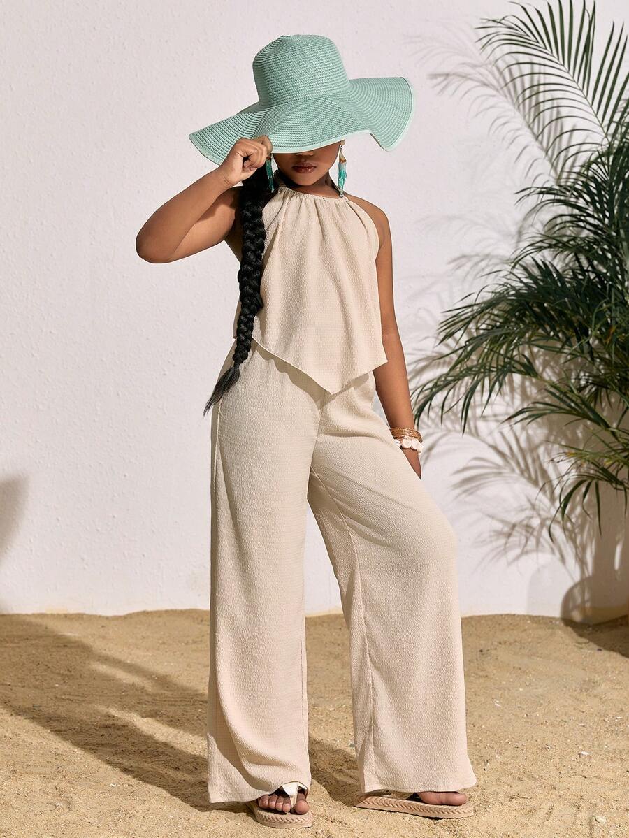 Tween girls casual apricot striped two-piece set featuring a sleeveless halter short top with curved hem and matching long pants.