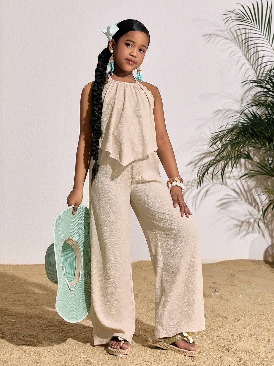 Tween girls casual apricot striped two-piece set featuring a sleeveless halter short top with curved hem and matching long pants.