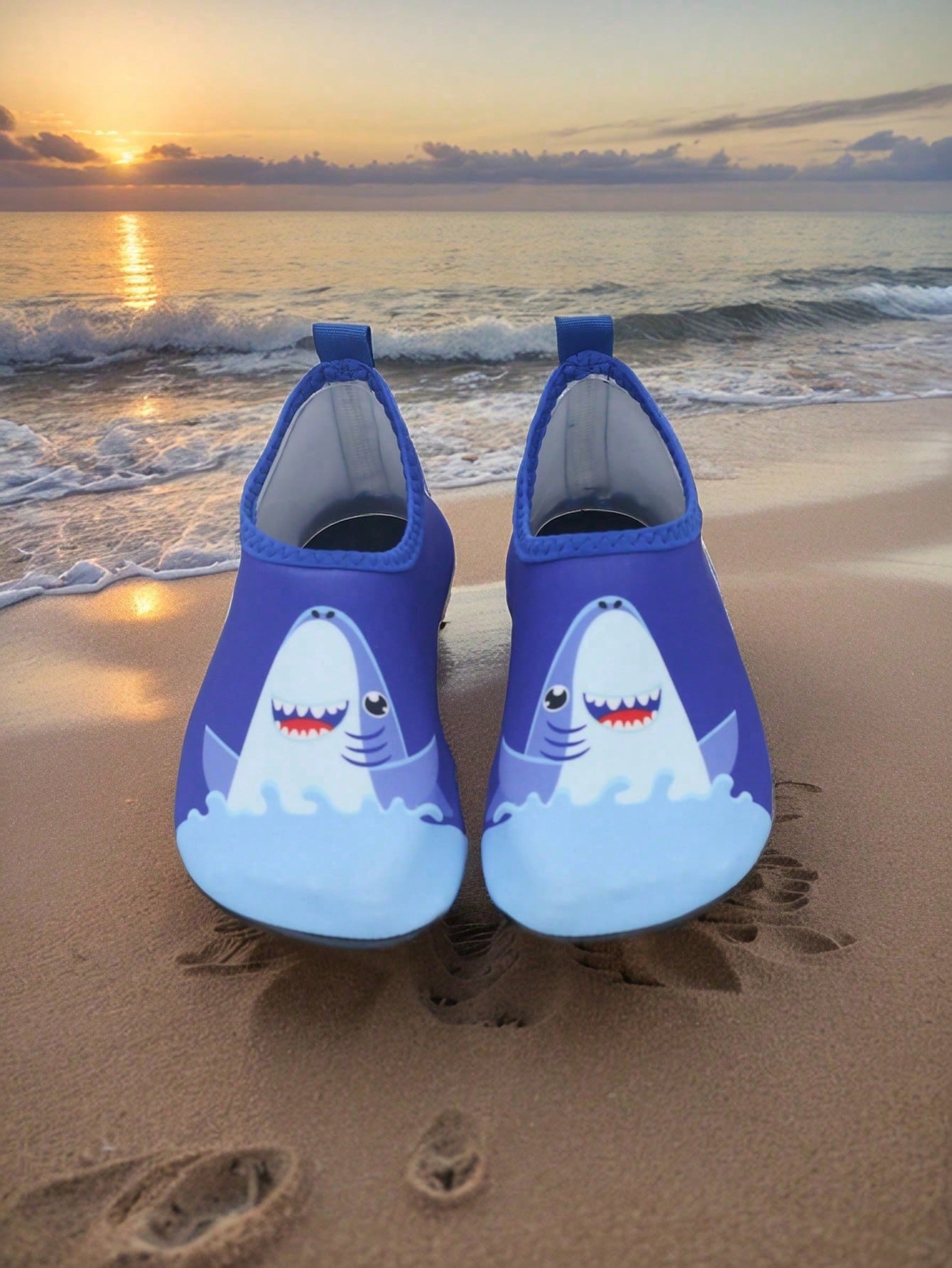 Kids slip-on aqua socks featuring geometric pattern, breathable Lycra upper, and non-slip TPR outsole for beach and water activities.