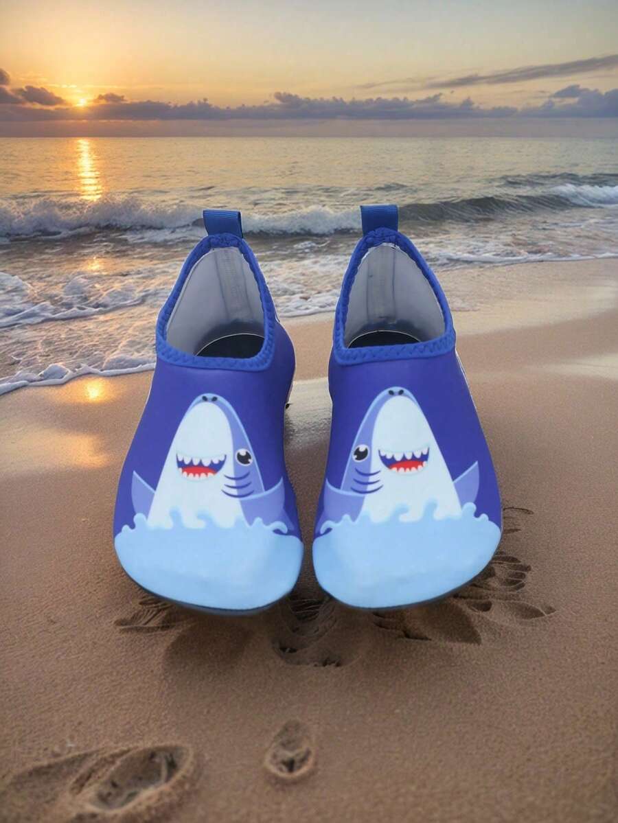 Kids slip-on aqua socks featuring geometric pattern, breathable Lycra upper, and non-slip TPR outsole for beach and water activities.