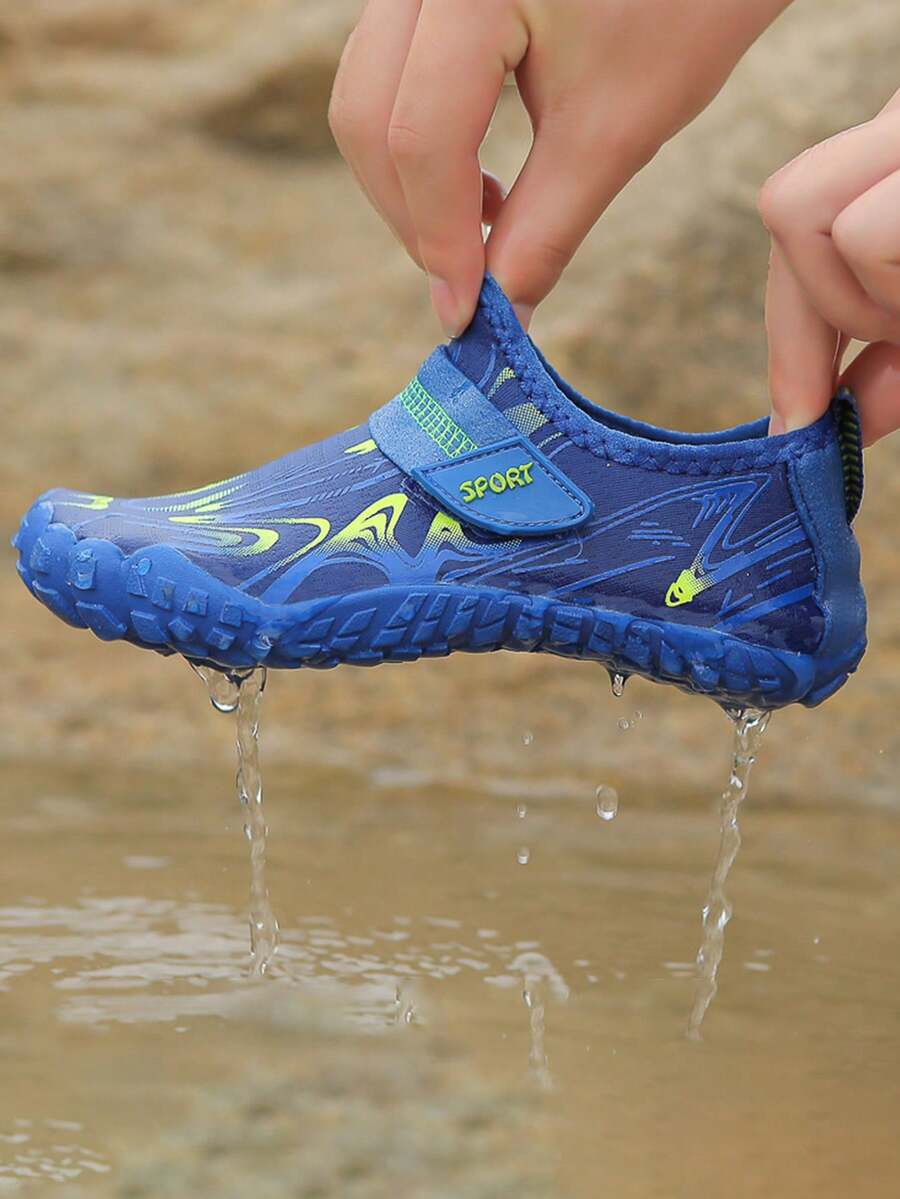 Children's water shoes featuring a breathable mesh upper, hook and loop closure, luminous details, and a non-slip outsole for boys and girls.
