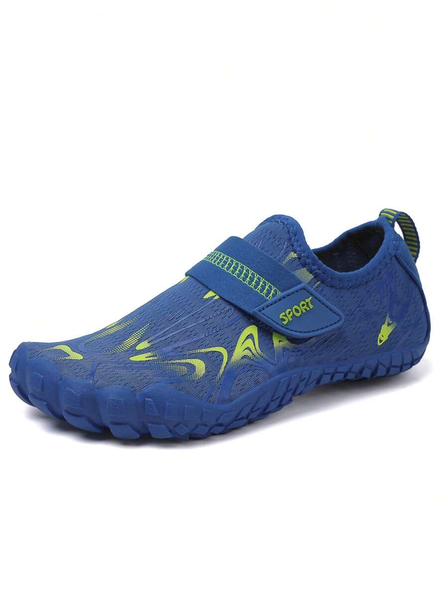 Children's water shoes featuring a breathable mesh upper, hook and loop closure, luminous details, and a non-slip outsole for boys and girls.