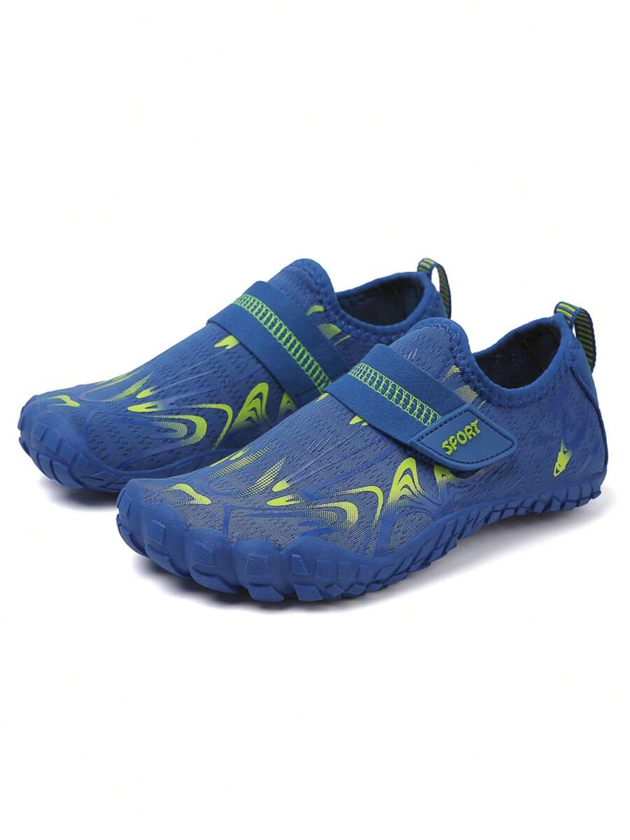 Children's water shoes featuring a breathable mesh upper, hook and loop closure, luminous details, and a non-slip outsole for boys and girls.