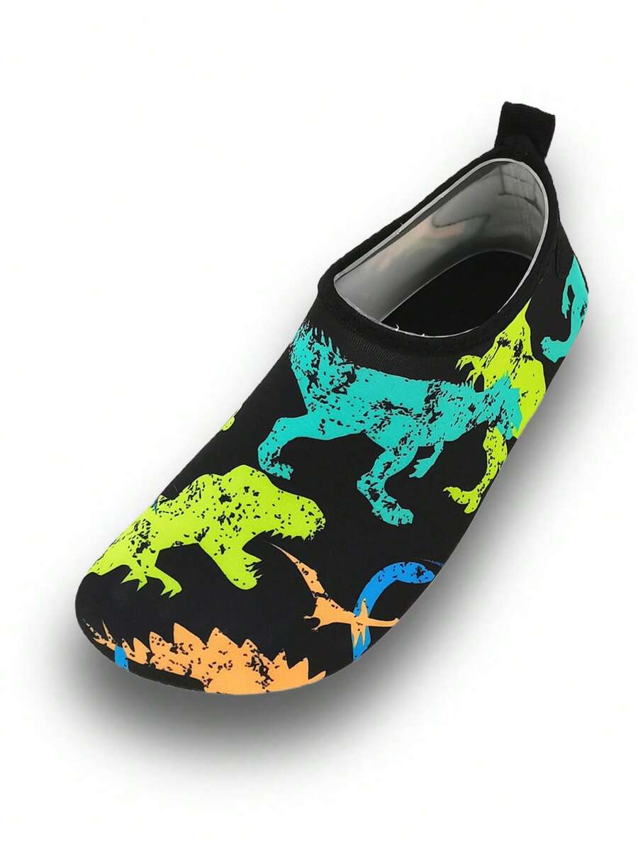 Black kids aqua socks featuring a flame dragon pattern with breathable fabric and flexible TPR soles for beach and swimming activities.