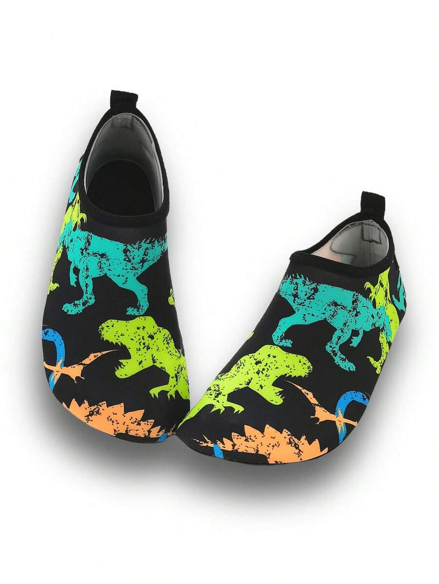 Black kids aqua socks featuring a flame dragon pattern with breathable fabric and flexible TPR soles for beach and swimming activities.