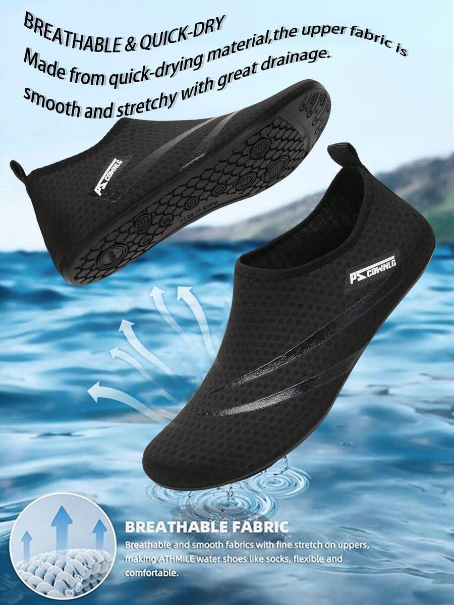 Black slip-on kids water shoes with a graphic pattern fabric upper and wear-resistant rubber outsole for boys and girls.