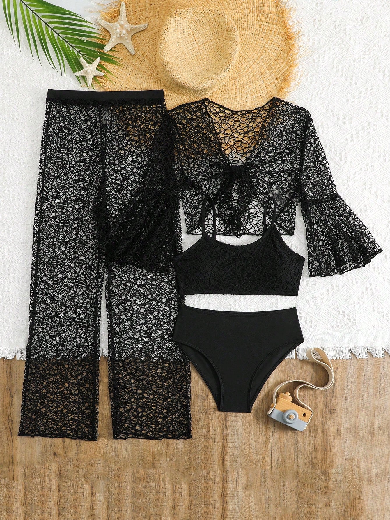 Tween girls beige bikini set with long sleeve round neck top, hollow-out asymmetrical details, mid-waist bottoms, and cover up for beach or vacation swimwear