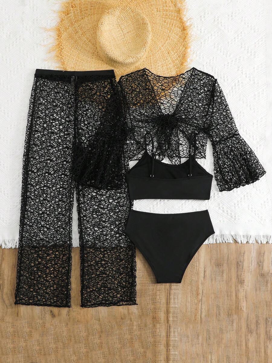 Tween girls beige bikini set with long sleeve round neck top, hollow-out asymmetrical details, mid-waist bottoms, and cover up for beach or vacation swimwear