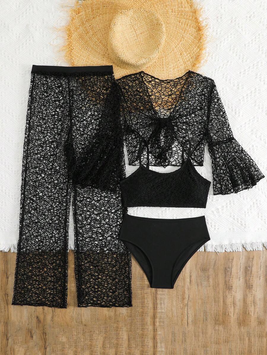 Tween girls beige bikini set with long sleeve round neck top, hollow-out asymmetrical details, mid-waist bottoms, and cover up for beach or vacation swimwear