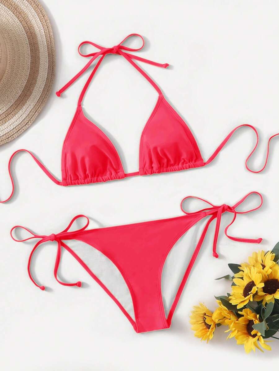 Women's high waist halter tie bikini swimwear set featuring triangle cups, wireless bra with removable padding, and tie side bottoms.