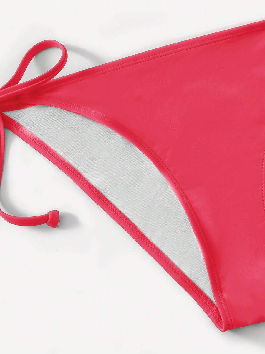 Women's high waist halter tie bikini swimwear set featuring triangle cups, wireless bra with removable padding, and tie side bottoms.