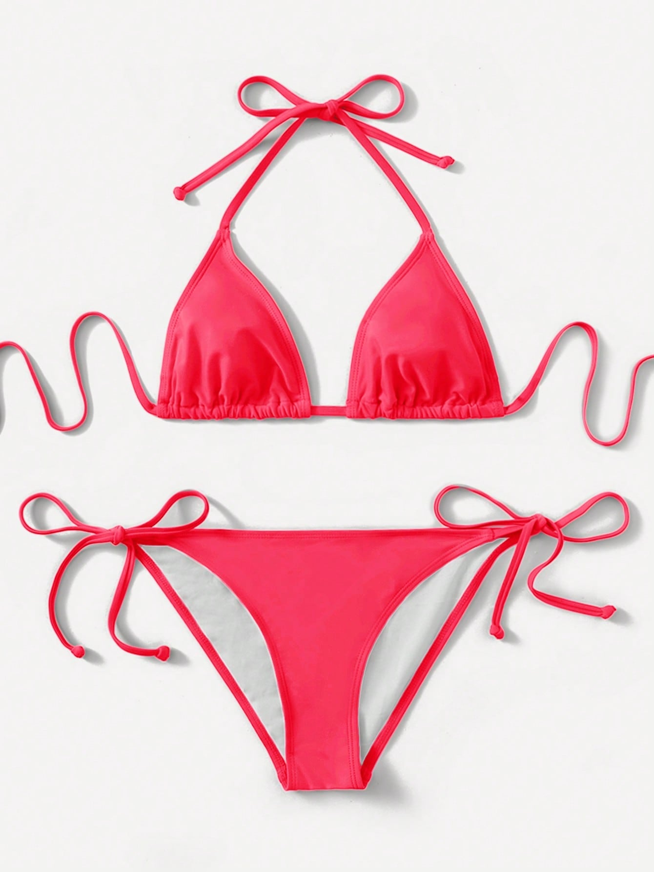 Women's high waist halter tie bikini swimwear set featuring triangle cups, wireless bra with removable padding, and tie side bottoms.