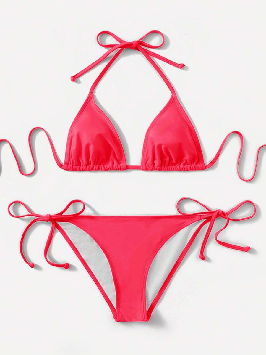 Women's high waist halter tie bikini swimwear set featuring triangle cups, wireless bra with removable padding, and tie side bottoms.