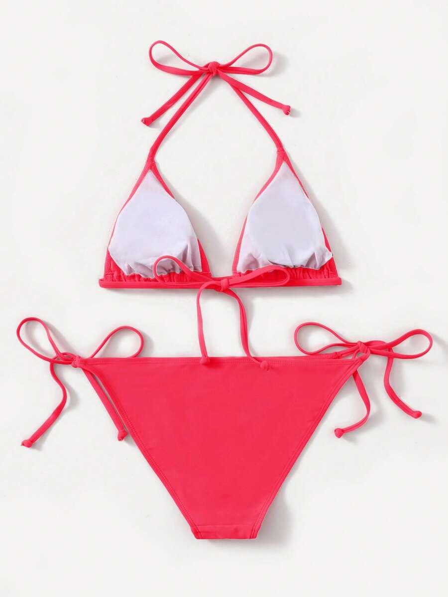 Women's high waist halter tie bikini swimwear set featuring triangle cups, wireless bra with removable padding, and tie side bottoms.