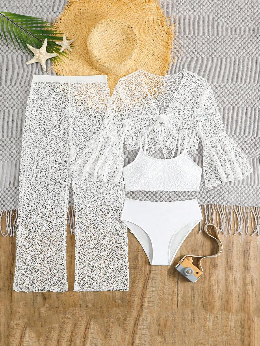 Tween girls beige bikini set with long sleeve round neck top, hollow-out asymmetrical details, mid-waist bottoms, and cover up for beach or vacation swimwear