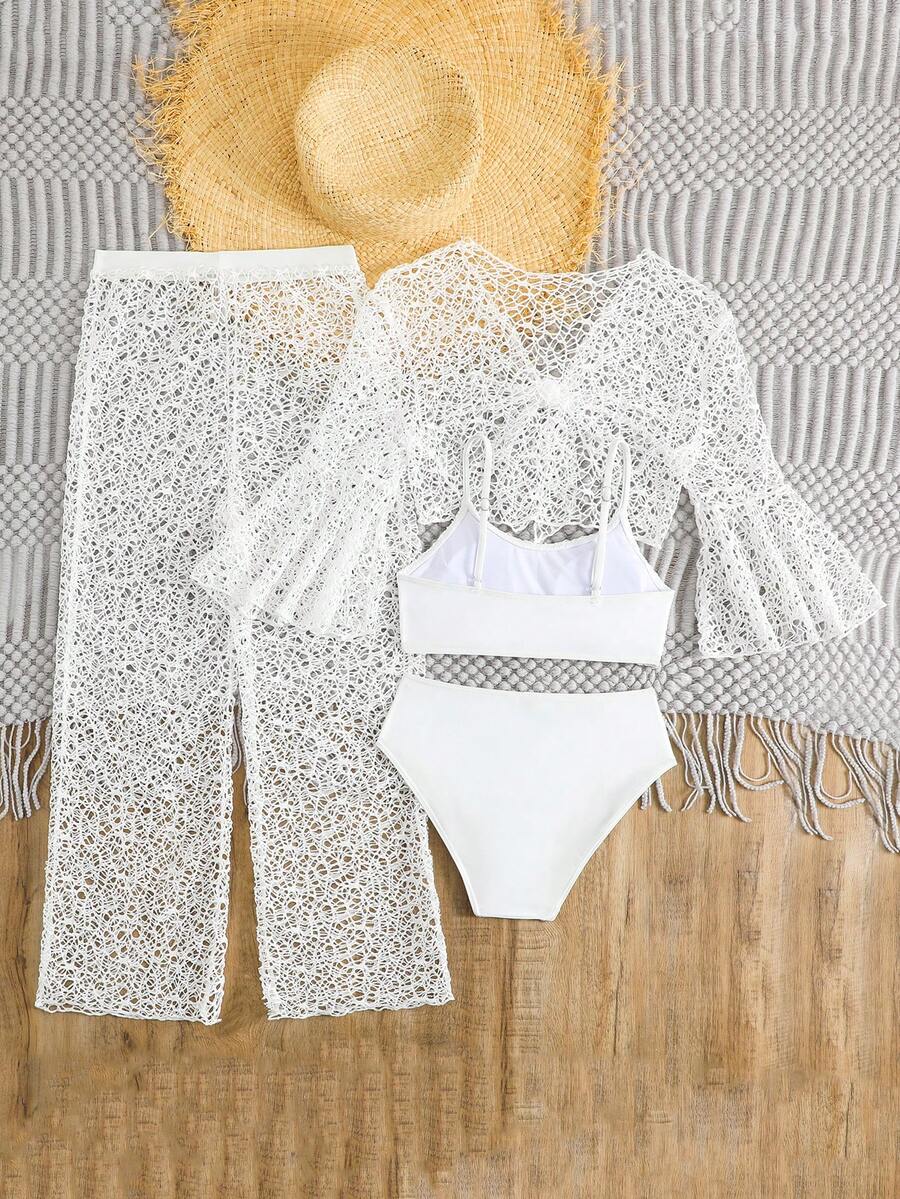 Tween girls beige bikini set with long sleeve round neck top, hollow-out asymmetrical details, mid-waist bottoms, and cover up for beach or vacation swimwear