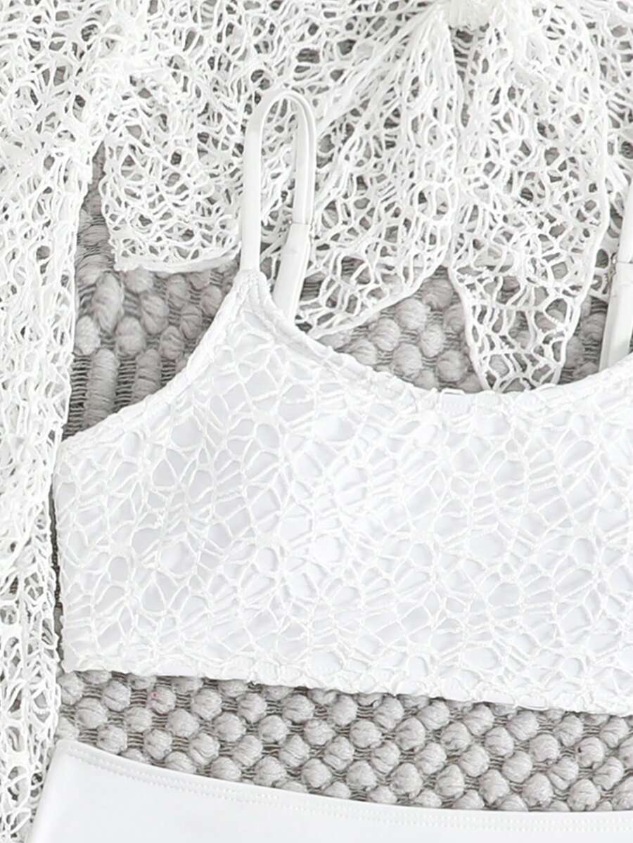 Tween girls beige bikini set with long sleeve round neck top, hollow-out asymmetrical details, mid-waist bottoms, and cover up for beach or vacation swimwear