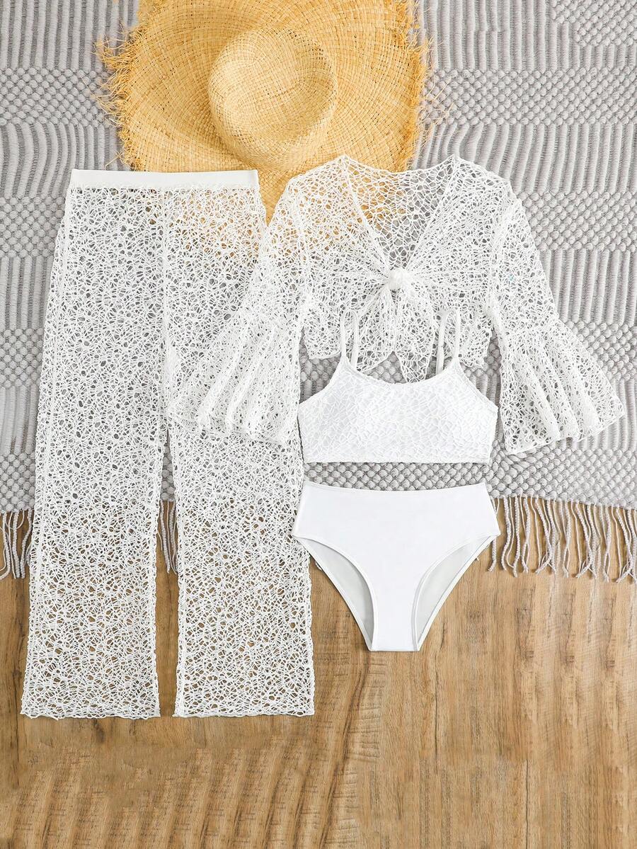 Tween girls beige bikini set with long sleeve round neck top, hollow-out asymmetrical details, mid-waist bottoms, and cover up for beach or vacation swimwear