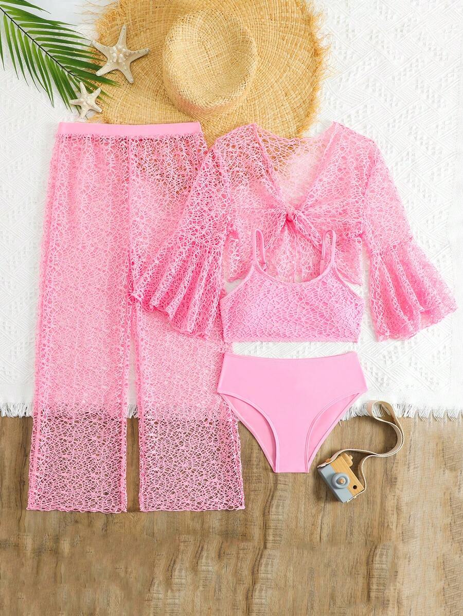 Tween girls beige bikini set with long sleeve round neck top, hollow-out asymmetrical details, mid-waist bottoms, and cover up for beach or vacation swimwear
