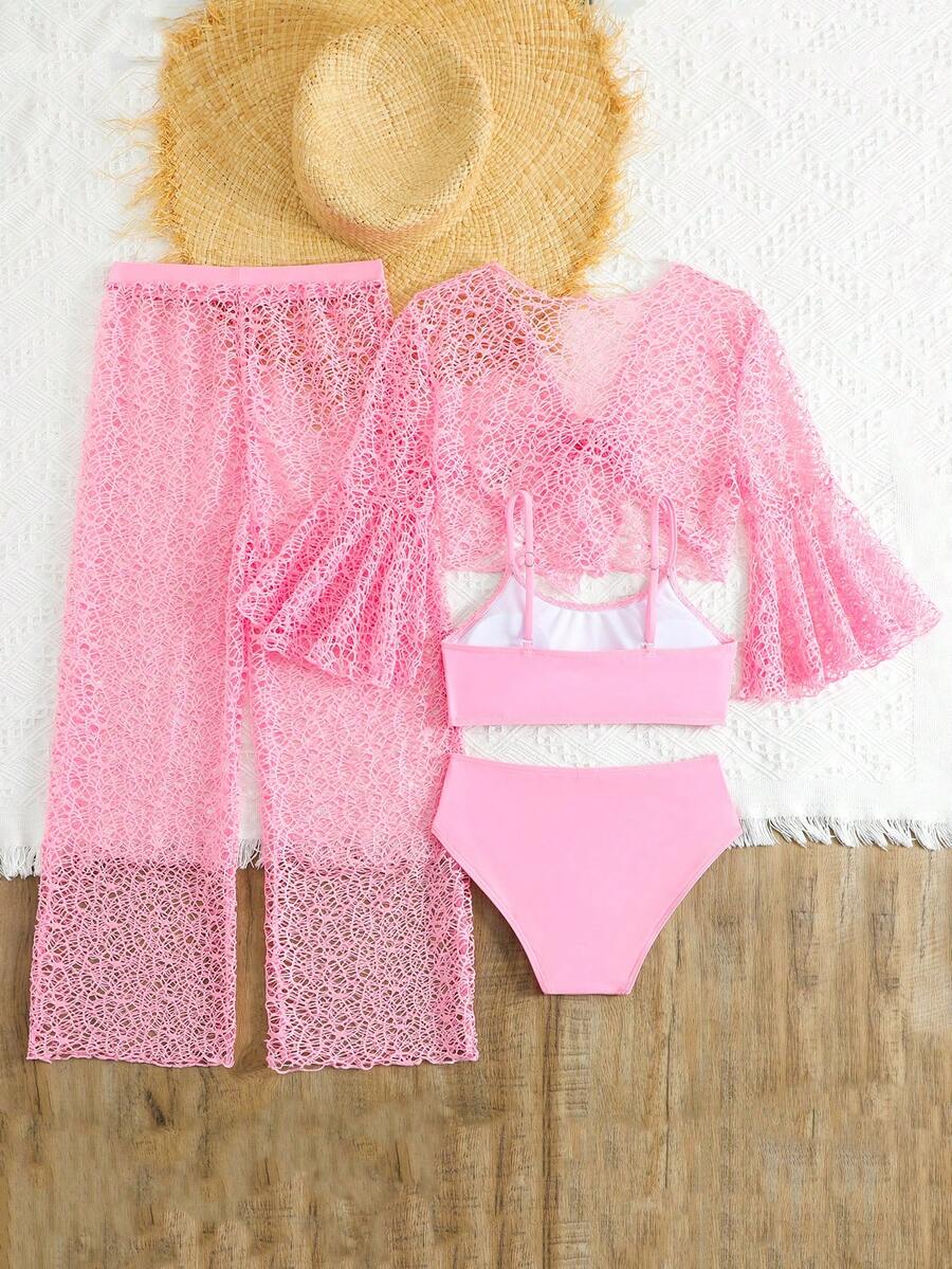 Blue 4-piece bikini set for tween girls featuring a ruffle spaghetti strap top, mid-waist bottoms, and an openwork netting knit cover-up.