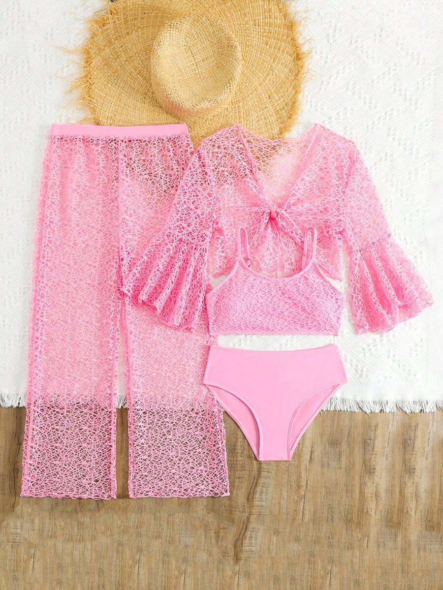 Blue 4-piece bikini set for tween girls featuring a ruffle spaghetti strap top, mid-waist bottoms, and an openwork netting knit cover-up.